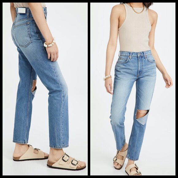 💕RE/DONE💕 70's Straight Leg Jeans ~ Daring Indigo With Rip High Waist 31 NWOT - Picture 4 of 16